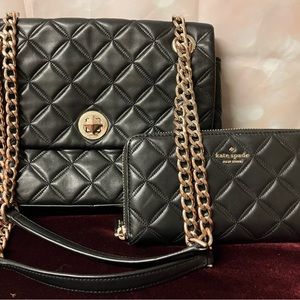 Kate Spade Natalia Black quilted leather set medium flap bag with large wallet